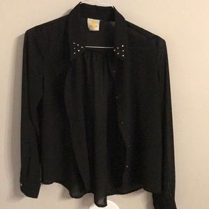 Black sheer button down blouse with gold studs